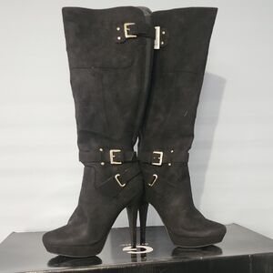 G by Guess Black Suede Over-the-Knee Stiletto Boots with Buckles